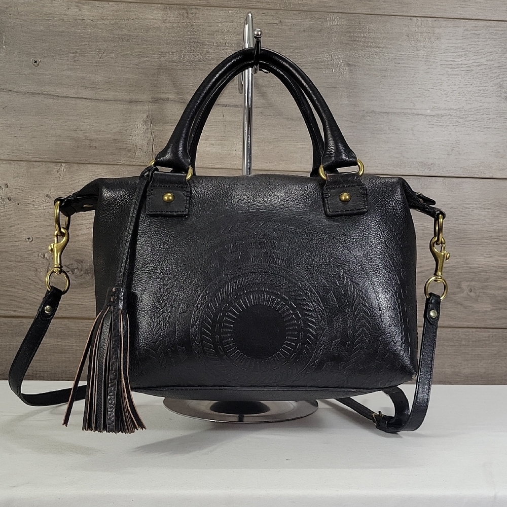 Isabella Fiore Black Tooled Leather Satchel Crossbody Shoulder Bag with Tassel